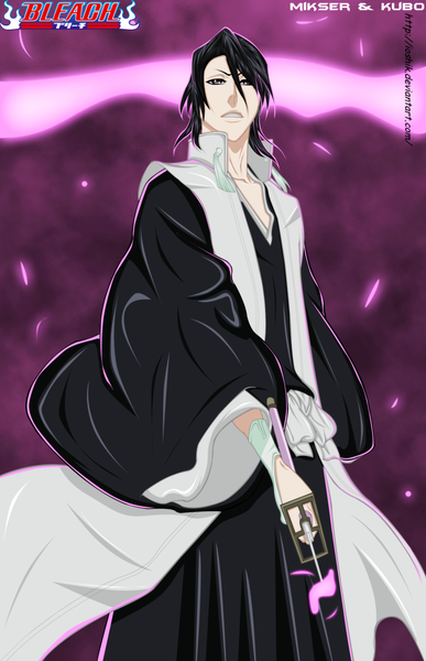 Anime picture 1937x3000 with bleach studio pierrot kuchiki byakuya gold-mk single tall image highres short hair black hair japanese clothes inscription grey eyes coloring boy weapon petals sword belt kimono katana