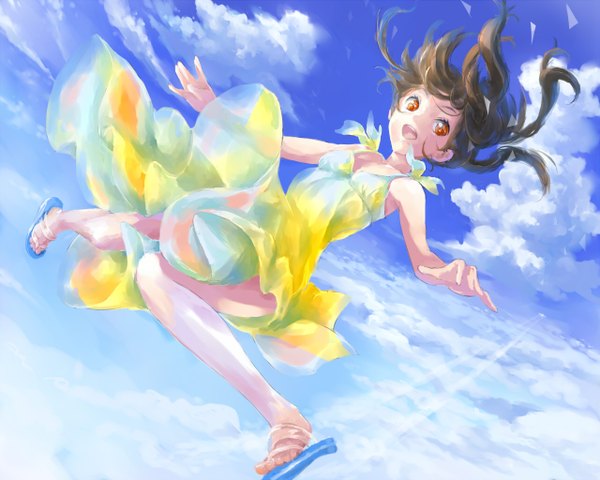 Anime picture 1280x1024 with original cb (artist) long hair open mouth brown hair bare shoulders looking away sky cloud (clouds) wind orange eyes spread arms girl dress shoes