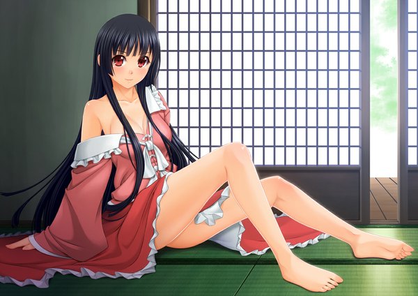 Anime picture 1052x744 with touhou houraisan kaguya chiro (pixiv) single long hair looking at viewer blush light erotic black hair red eyes bare shoulders barefoot legs girl sliding doors shouji