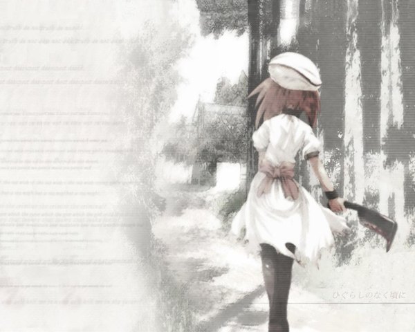 Anime picture 1280x1024 with higurashi no naku koro ni studio deen ryuuguu rena single short hair brown hair holding from behind short sleeves copyright name text torn clothes back bloody weapon girl thighhighs dress bow weapon black thighhighs