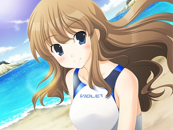 Anime picture 1024x768 with koi to mizugi to taiyou (game) blue eyes brown hair game cg close-up girl swimsuit