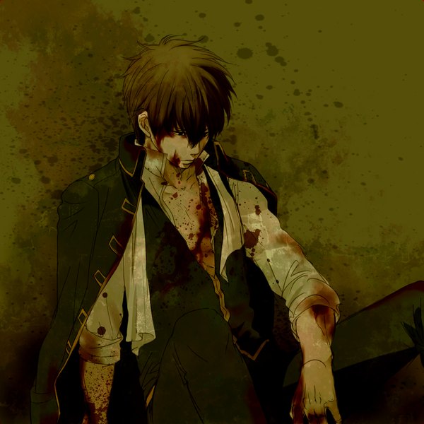 Anime picture 1000x1000 with gintama sunrise (studio) hijikata toshiro 2poinco single short hair brown hair sitting black eyes looking down partially open clothes twisty sleeves against wall boy uniform shirt blood military uniform wall