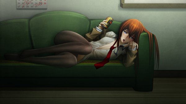 Anime picture 1920x1080 with steins;gate white fox makise kurisu raidouzero single long hair looking at viewer blush highres open mouth blue eyes light erotic brown hair wide image holding bent knee (knees) indoors lying open clothes open shirt