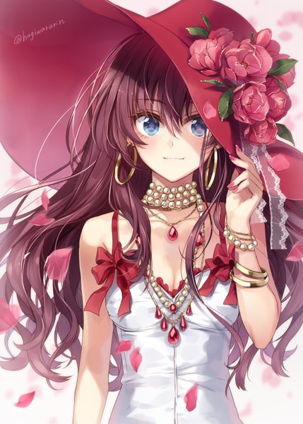 Anime picture 600x839 with idolmaster idolmaster cinderella girls ichinose shiki hagiwara rin single long hair tall image looking at viewer blush fringe blue eyes hair between eyes brown hair signed cleavage upper body nail polish light smile twitter username shaded face