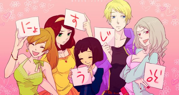 Anime picture 1124x600 with axis powers hetalia studio deen japan (hetalia) prussia (hetalia) germany (hetalia) north italy (hetalia) south italy (hetalia) toriko (artist) long hair short hair open mouth blue eyes black hair simple background blonde hair smile red eyes brown hair wide image multiple girls