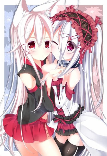Anime picture 1028x1500 with original yoaferia tall image looking at viewer blush fringe breasts open mouth light erotic hair between eyes red eyes large breasts standing bare shoulders multiple girls animal ears pink hair white hair very long hair pleated skirt
