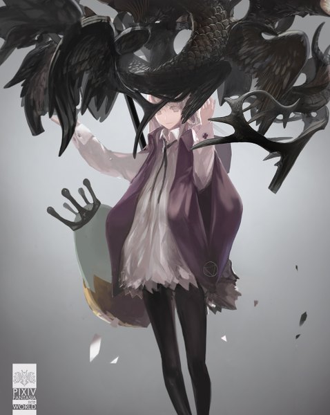 Anime picture 1000x1254 with original pixiv fantasia pixiv fantasia new world lin+ single tall image looking at viewer short hair simple background white hair horn (horns) grey background spread arms girl pantyhose crown debris egg