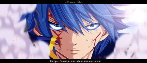 Anime picture 1982x857 with fairy tail jellal fernandes iitheluciferii single highres short hair blue eyes wide image blue hair tattoo coloring facial mark letterboxed close-up smoke face boy blood