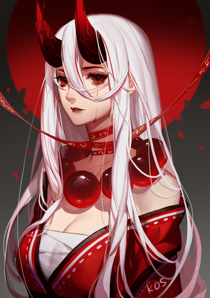 Anime picture 700x993 with league of legends diana (league of legends) songjikyo single long hair tall image looking at viewer fringe breasts hair between eyes red eyes bare shoulders white hair parted lips horn (horns) lips eyeshadow oni horns bloody tears girl