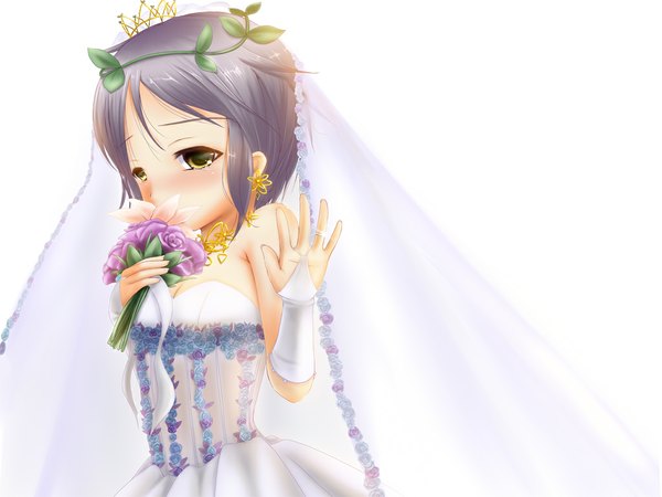 Anime picture 1024x768 with suzumiya haruhi no yuutsu kyoto animation nagato yuki white background girl dress wedding dress