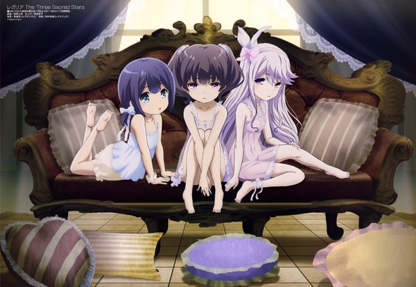 Anime picture 5928x4087 with regalia the three sacred stars megami magazine rena asteria tia kleis kei tiesto nishio kouhaku long hair looking at viewer highres short hair blue eyes black hair purple eyes multiple girls absurdres grey hair official art loli girl bow