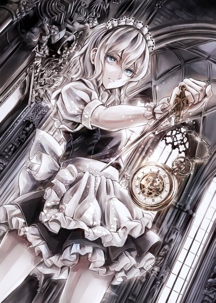 Anime picture 1215x1708 with touhou izayoi sakuya jan (lightdragoon) single tall image fringe short hair blue eyes hair between eyes standing holding looking away silver hair indoors braid (braids) pleated skirt short sleeves maid dutch angle twin braids