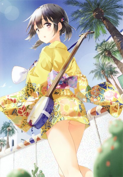 Anime picture 2208x3185 with tiv single tall image highres short hair open mouth light erotic black hair brown eyes traditional clothes japanese clothes looking back scan girl plant (plants) tree (trees) kimono obi palm tree