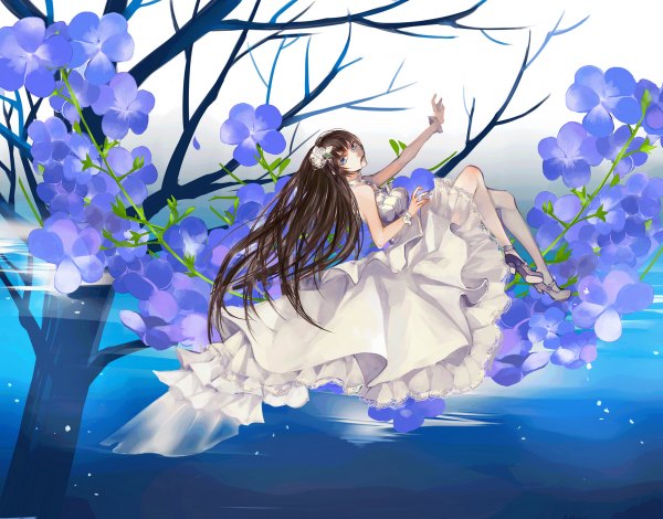 Anime picture 1200x940 with original sha (pixiv 652445) single long hair looking at viewer blue eyes brown hair bent knee (knees) hair flower sleeveless outstretched arm bare tree girl dress hair ornament flower (flowers) plant (plants) tree (trees) shoes white dress