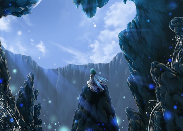 Anime picture 3445x2480 with original yuitanpo single highres short hair absurdres sky cloud (clouds) green hair back mountain landscape rock girl wings