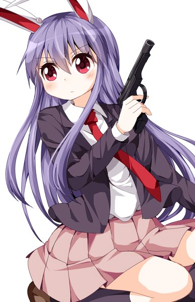 Anime picture 647x1000 with touhou reisen udongein inaba ruu (tksymkw) single long hair tall image blush simple background red eyes white background animal ears looking away purple hair pleated skirt bunny ears squat girl skirt weapon socks