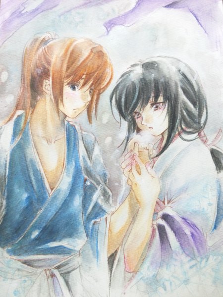 Anime picture 1944x2592 with rurouni kenshin himura kenshin yukishiro tomoe sana (artist) long hair tall image highres blue eyes black hair brown hair ponytail traditional clothes japanese clothes couple holding hands exhalation traditional media watercolor (medium) girl boy