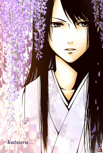 Anime picture 811x1200 with gintama sunrise (studio) katsura kotarou single long hair tall image open mouth black hair yellow eyes looking away traditional clothes japanese clothes character names boy flower (flowers) kimono wisteria