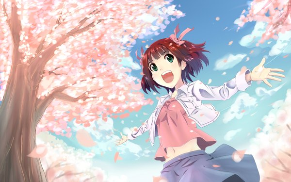 Anime picture 3200x2000 with idolmaster amami haruka yooguru (artist) highres short hair open mouth wide image green eyes absurdres red hair cherry blossoms spread arms girl navel ribbon (ribbons) plant (plants) petals tree (trees)