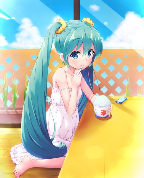 Anime picture 1600x1974 with vocaloid hatsune miku kasehk single tall image looking at viewer fringe blue eyes hair between eyes sitting twintails bare shoulders holding sky cloud (clouds) very long hair barefoot sunlight aqua hair sweat