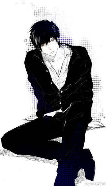 Anime picture 1324x2323 with gintama sunrise (studio) hijikata toshiro ke (pixiv) single tall image looking at viewer short hair black hair simple background sitting bent knee (knees) open clothes open jacket open shirt monochrome boy shirt jacket
