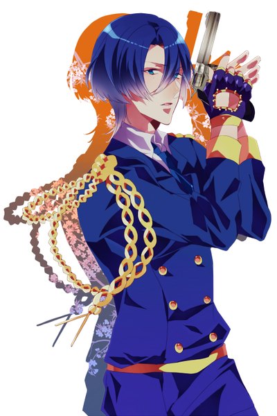 Anime picture 1000x1500 with uta no prince-sama a-1 pictures hijirikawa masato kazenagi hikari single tall image looking at viewer short hair blue eyes simple background holding blue hair parted lips aqua eyes shadow cherry blossoms floral print boy gloves weapon