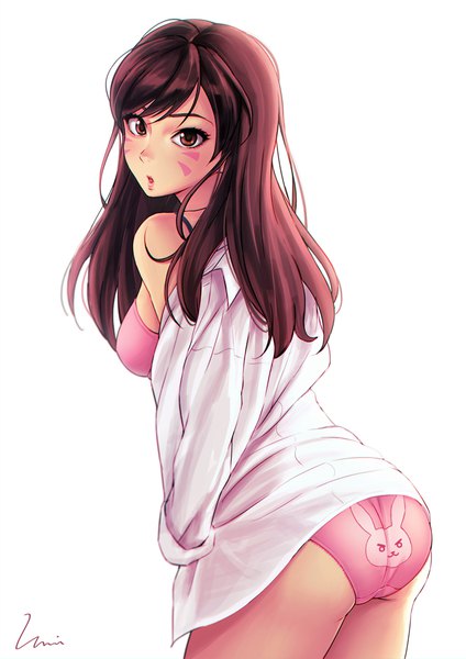 Anime picture 724x1024 with overwatch blizzard entertainment d.va (overwatch) umigraphics single long hair tall image looking at viewer light erotic simple background brown hair white background bare shoulders brown eyes signed ass parted lips looking back :o leaning