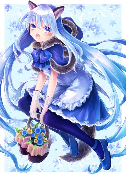 Anime picture 1430x2000 with original kaji (artist) single long hair tall image blush fringe blue eyes animal ears blue hair bent knee (knees) tail animal tail open clothes wolf ears wolf tail girl flower (flowers) pantyhose apron