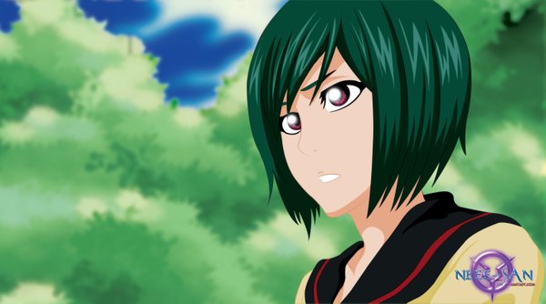 Anime picture 5692x3170 with bleach studio pierrot nozomi kujo neee-san single highres short hair red eyes wide image absurdres green hair coloring face girl plant (plants) tree (trees)