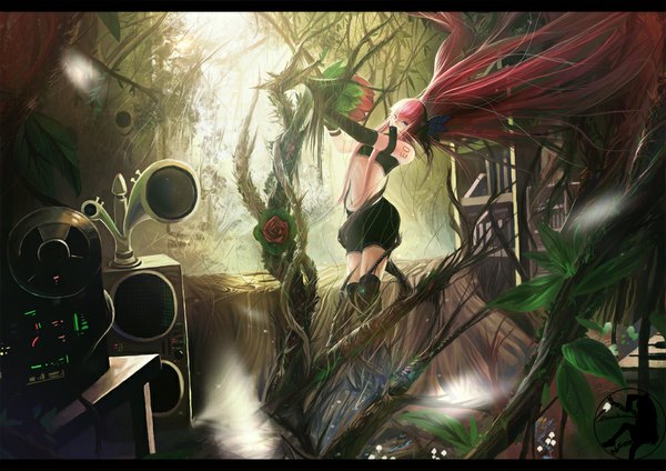 Anime picture 1000x707 with vocaloid megurine luka lamian long hair twintails yellow eyes pink hair midriff girl thighhighs gloves navel flower (flowers) black thighhighs plant (plants) elbow gloves shorts speakers