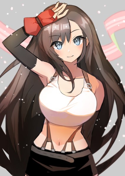 Anime picture 710x1000 with final fantasy final fantasy vii square enix tifa lockhart saitou naoki single long hair tall image looking at viewer blush fringe blue eyes black hair smile bare shoulders arm up grey background bare belly hand on head girl
