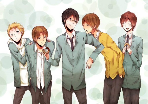 Anime picture 1733x1226 with kimi to boku j.c. staff asaba yuta asaba yuki tachibana chizuru tsukahara kaname matsuoka shun blush highres short hair open mouth blue eyes blonde hair smile brown hair eyes closed twins hands in pockets boy uniform