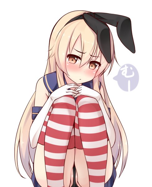 Anime picture 1100x1350 with kantai collection shimakaze destroyer hiiragi hajime single long hair tall image looking at viewer blush light erotic simple background blonde hair white background bare shoulders brown eyes embarrassed squat crotch girl thighhighs skirt