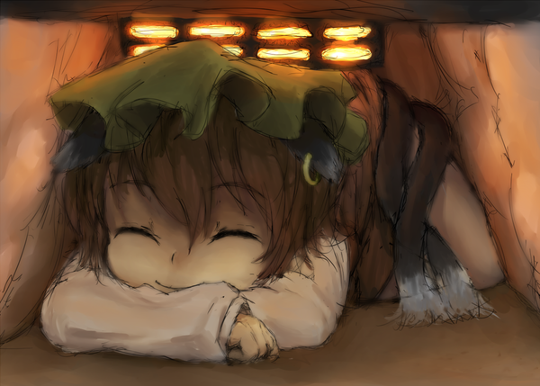 Anime picture 2385x1709 with touhou chen hayake highres smile brown hair animal ears tail eyes closed loli multiple tails sketch under the table girl hat earrings kotatsu