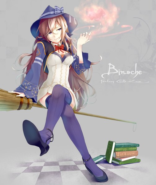 Anime picture 1260x1500 with retsuna single long hair tall image looking at viewer smile brown hair purple eyes witch girl thighhighs dress book (books) witch hat broom