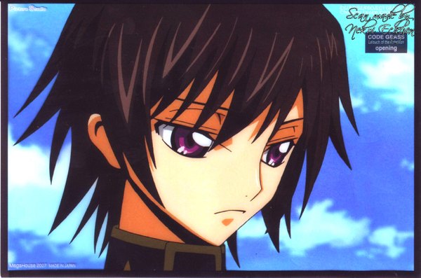 Anime picture 2566x1700 with code geass sunrise (studio) lelouch lamperouge single fringe highres short hair black hair hair between eyes purple eyes payot sky cloud (clouds) scan looking down close-up sad boy