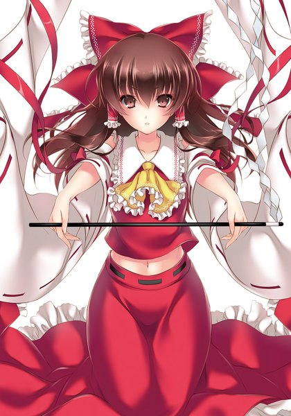 Anime picture 700x1000 with touhou hakurei reimu ayase hazuki single long hair tall image blush simple background brown hair white background brown eyes traditional clothes girl skirt navel bow hair bow frills skirt set hair tubes