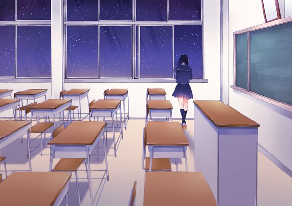 Anime picture 2000x1414 with original noda shuha long hair highres black hair night classroom girl skirt uniform school uniform serafuku window desk blackboard