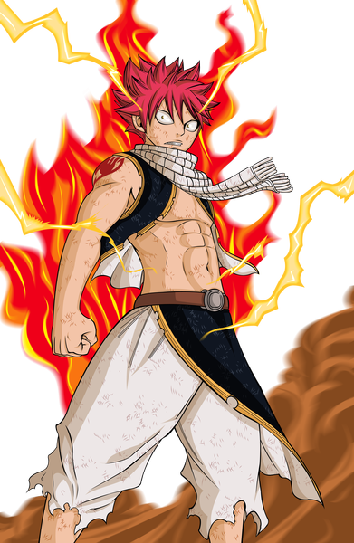 Anime picture 2541x3900 with fairy tail natsu dragneel toni783 single tall image highres short hair brown eyes pink hair tattoo coloring torn clothes magic smoke transparent background muscle lightning boy belt scarf