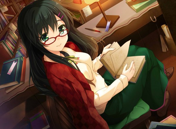 Anime picture 2416x1782 with original uzuki hiro single long hair looking at viewer highres blue eyes black hair sitting girl dress glasses book (books)