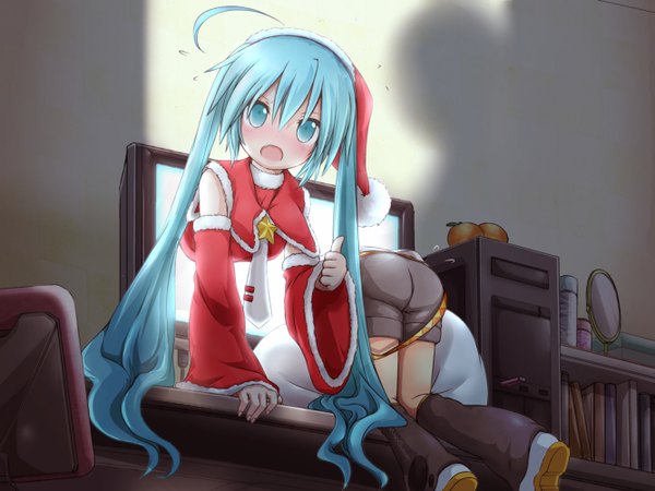 Anime picture 1333x1000 with vocaloid hatsune miku kagamine rin akino coto long hair blush fringe open mouth hair between eyes twintails multiple girls aqua eyes aqua hair fur trim christmas girl 2 girls hat detached sleeves shorts
