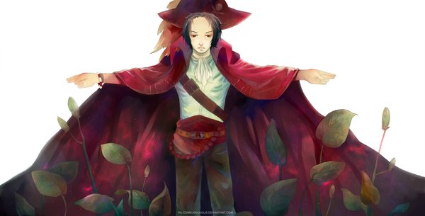 Anime picture 1980x1008 with one piece toei animation portgas d. ace felicemelancholie single highres short hair black hair simple background wide image white background black eyes spread arms freckles skull and crossbones pirate boy plant (plants) cloak neckerchief