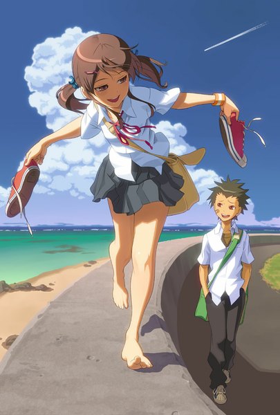 Anime picture 675x1000 with original converse aoi sora (pairan) pairan long hair tall image blush short hair open mouth black hair smile brown hair twintails brown eyes sky cloud (clouds) pleated skirt barefoot beach spread arms