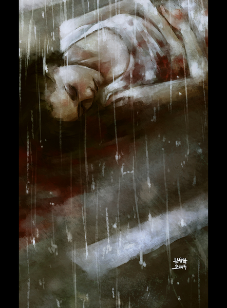 Anime picture 900x1220 with original nanfe single long hair tall image black hair bare shoulders signed eyes closed realistic on back letterboxed rain injury death girl dress white dress blood