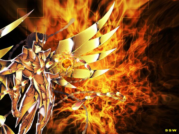 Anime picture 1024x768 with saint seiya toei animation single long hair looking at viewer black hair red eyes braid (braids) mechanical wings boy wings armor fire helmet