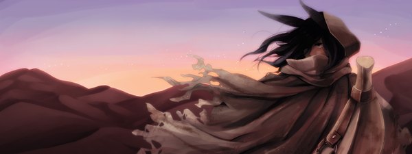 Anime picture 1600x600 with original pixiv fantasia pixiv fantasia v pd-x long hair fringe black hair wide image animal ears black eyes hair over one eye sand boy hood star (stars) cloak