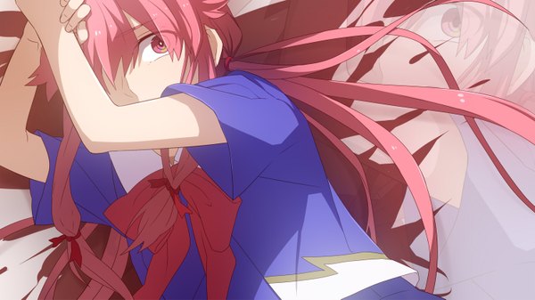 Anime picture 1500x843 with mirai nikki gasai yuno long hair fringe red eyes wide image pink hair hair over one eye wallpaper zoom layer girl hands