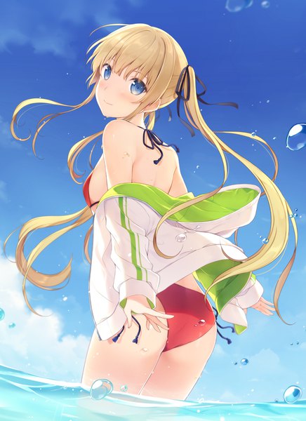 Anime picture 700x962 with saenai heroine no sodatekata a-1 pictures sawamura spencer eriri 6u (eternal land) single long hair tall image looking at viewer blush fringe breasts blue eyes light erotic blonde hair smile hair between eyes twintails signed sky cloud (clouds)
