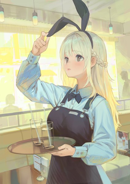 Anime picture 2894x4093 with original ddal long hair tall image fringe highres open mouth blonde hair standing holding brown eyes animal ears indoors blunt bangs braid (braids) long sleeves arm up bunny ears fake animal ears looking up