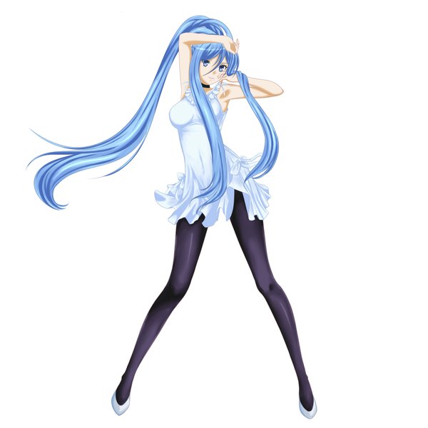 Anime picture 2000x2000 with aoki hagane no arpeggio takao (aoki hagane no arpeggio) jishou roukyuu single long hair looking at viewer highres simple background hair between eyes white background blue hair ponytail girl dress pantyhose black pantyhose